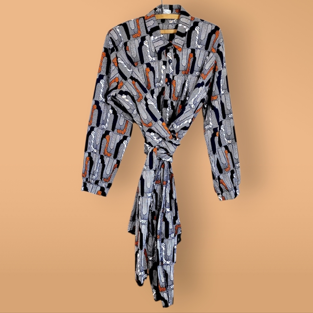 Printed Long-Sleeve Tie-Front Mini Dress in Black & Orange